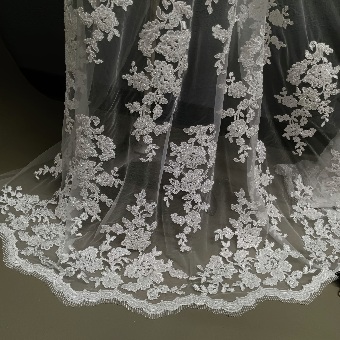 Corded & Beaded Bridal Lace Fabric Embroidered on 100% Polyester Net Mesh. Lace USA