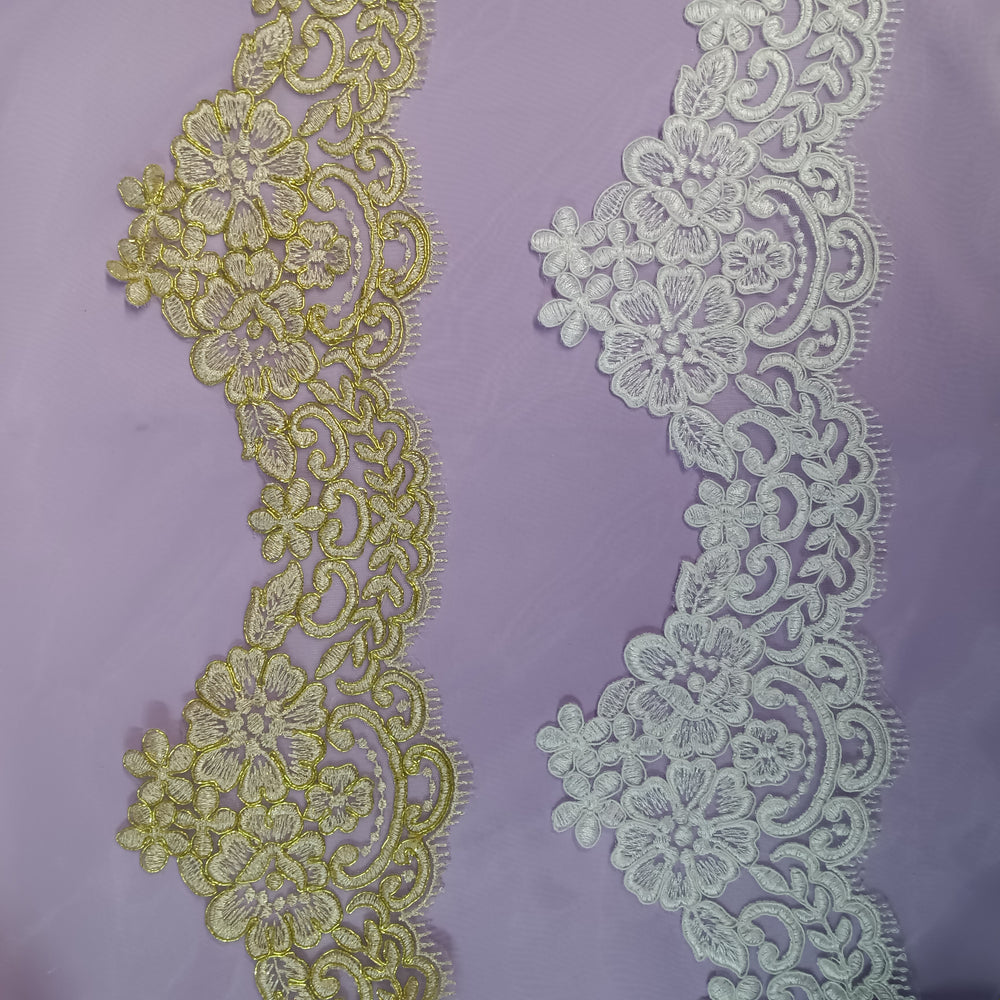 Corded Lace Trimming Embroidered on Poly. Net Mesh. Lace USA