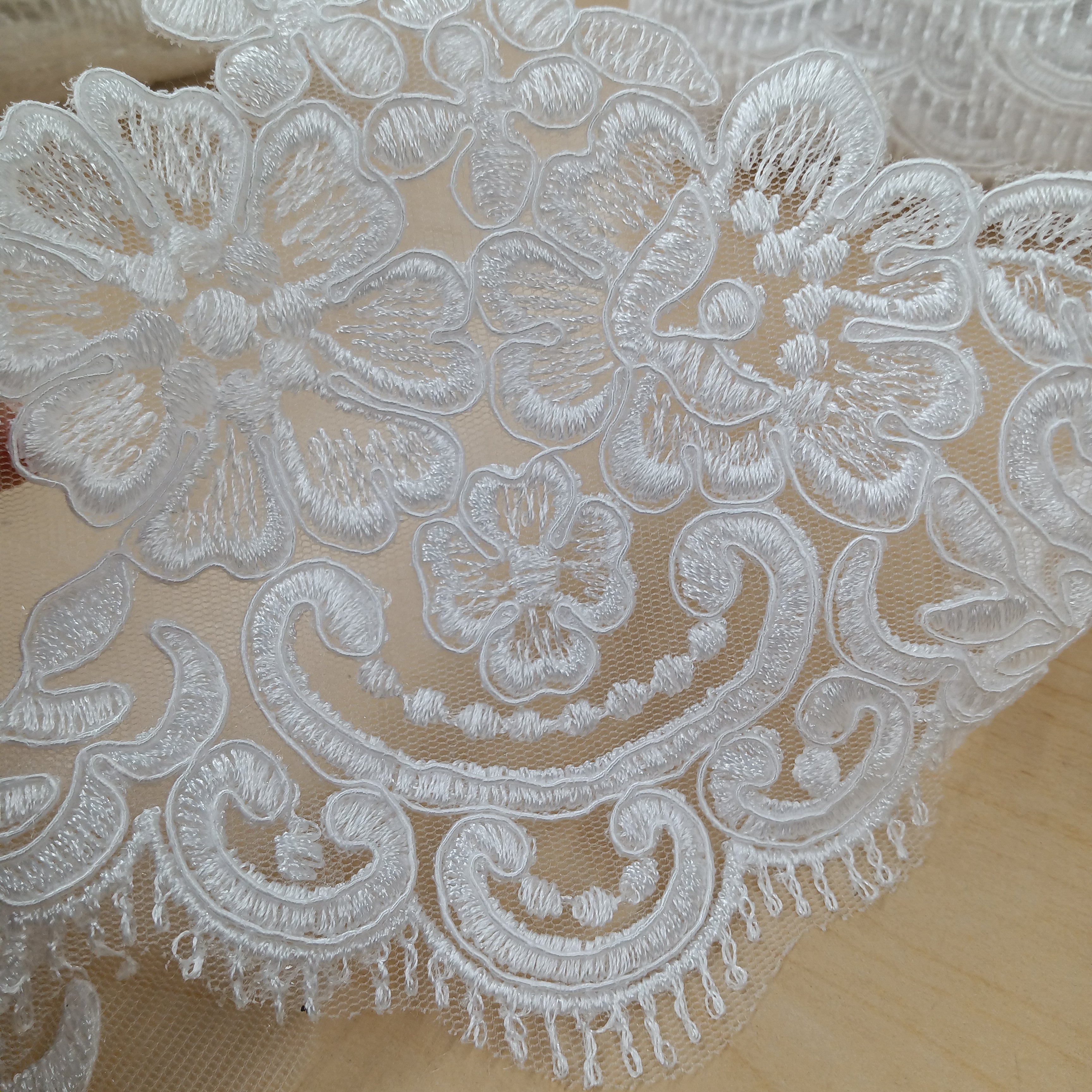 Corded Lace Trimming Embroidered on Poly. Net Mesh. Lace USA