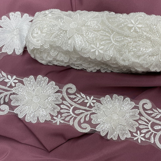 3D Floral Embroidered Trimming with Heavy Beading on Net Lace Ivory Lace Usa