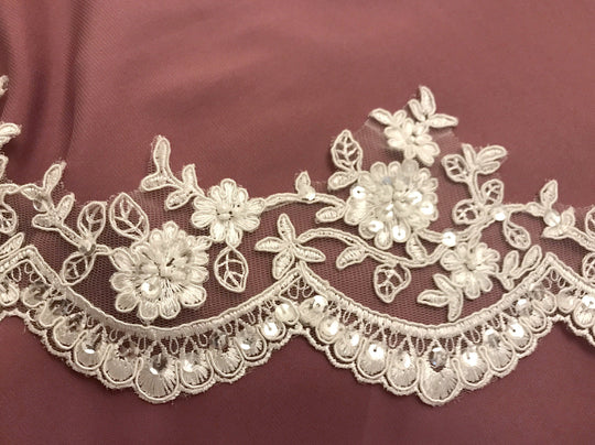 Corded, Beaded Floral Ivory Lace Trimming Embroidered on Net Mesh. Lace USA 96215WBP