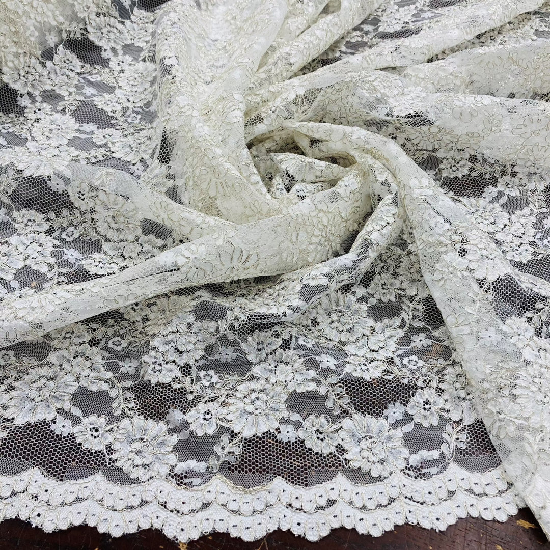 Silver Corded  Ivory Bridal Lace Fabric Embroidered on 100% Polyester Net Mesh | Lace USA 95994W