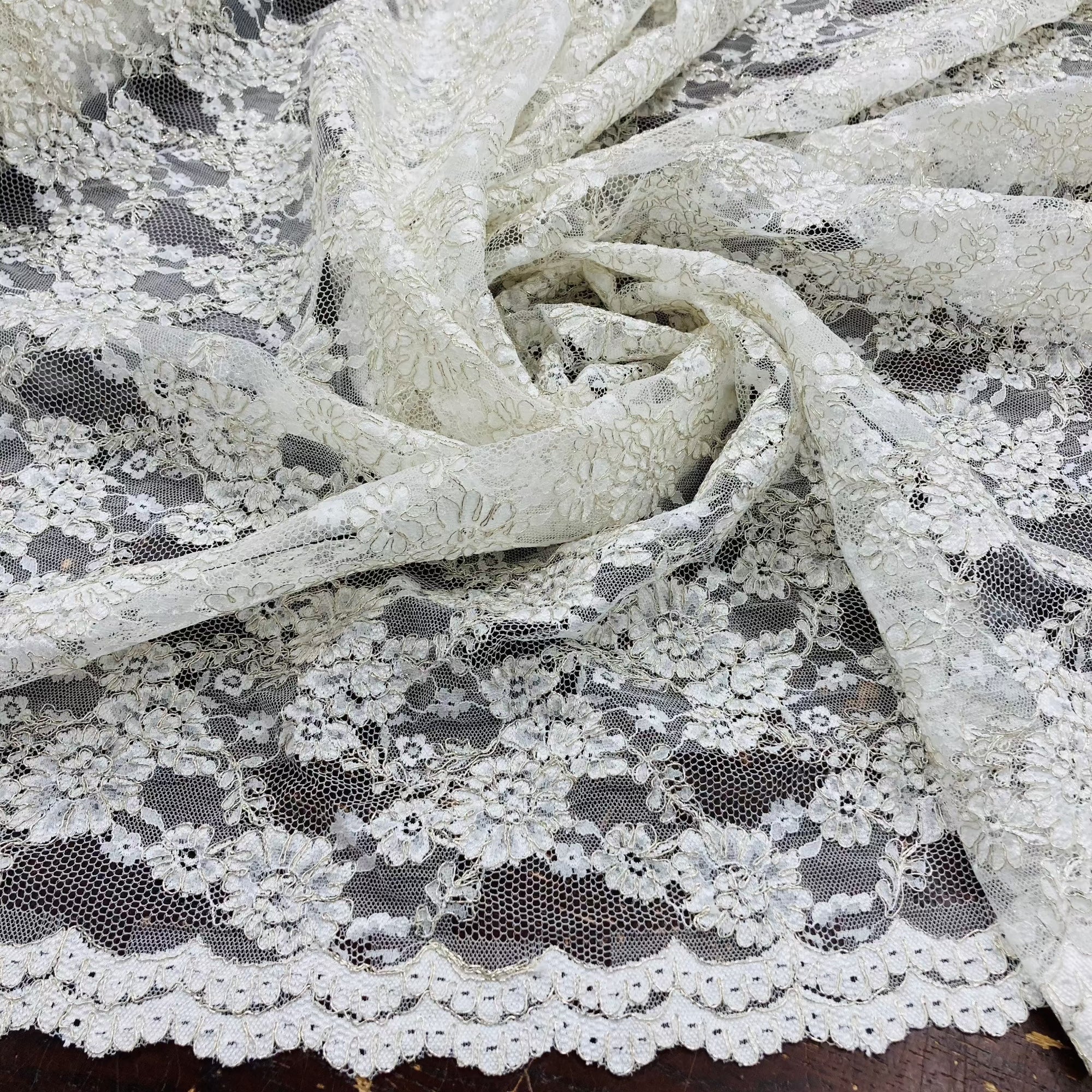 Silver Corded  Ivory Bridal Lace Fabric Embroidered on 100% Polyester Net Mesh | Lace USA 95994W