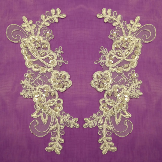 Beaded & Corded Floral Appliqué Lace Embroidered on 100% Polyester Organza or Net Mesh. This can be applied to Theatrical dance ballroom costumes, bridal dresses, bridal headbands endless possibilities. Sold By Pair Lace Usa