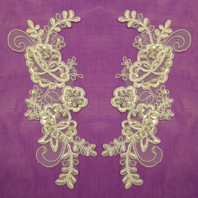 Beaded & Corded Floral Appliqué Lace Embroidered on 100% Polyester Organza or Net Mesh. This can be applied to Theatrical dance ballroom costumes, bridal dresses, bridal headbands endless possibilities. Sold By Pair Lace Usa