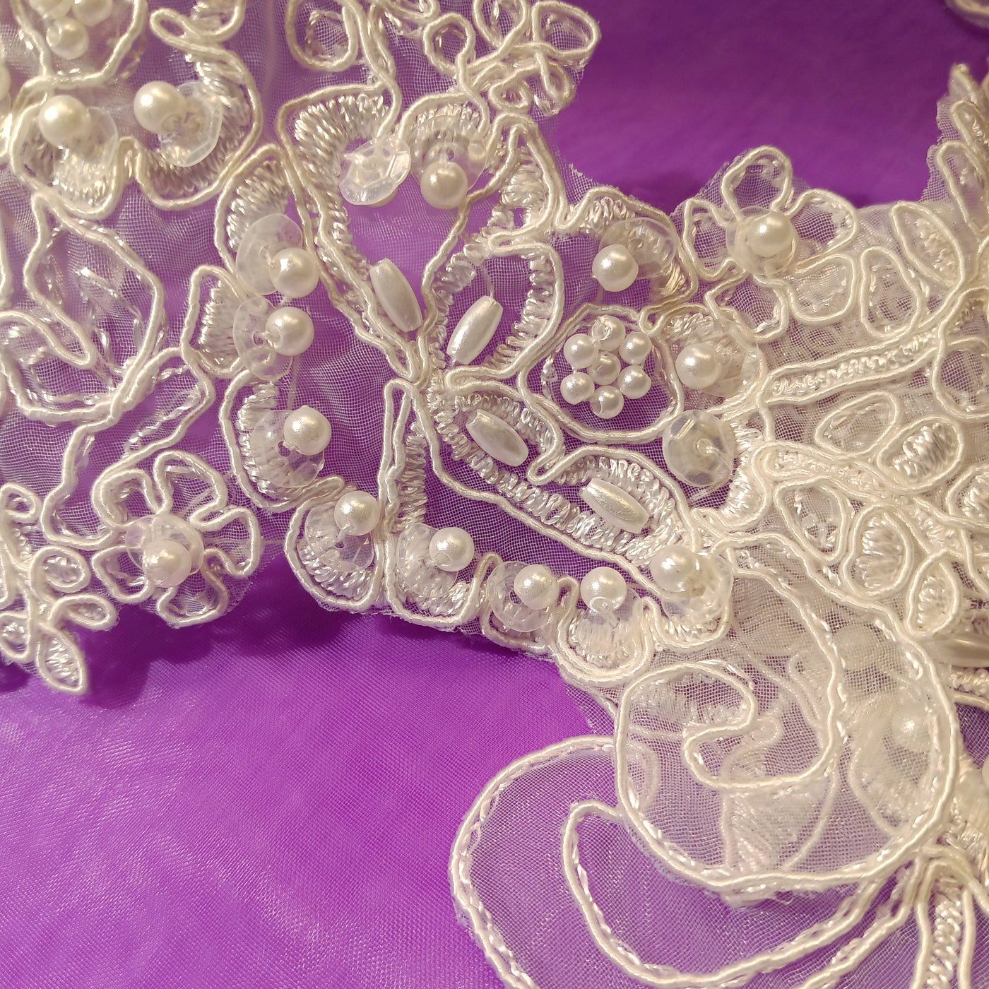 Beaded & Corded Floral Appliqué Lace Embroidered on 100% Polyester Organza or Net Mesh. This can be applied to Theatrical dance ballroom costumes, bridal dresses, bridal headbands endless possibilities. Sold By Pair Lace Usa