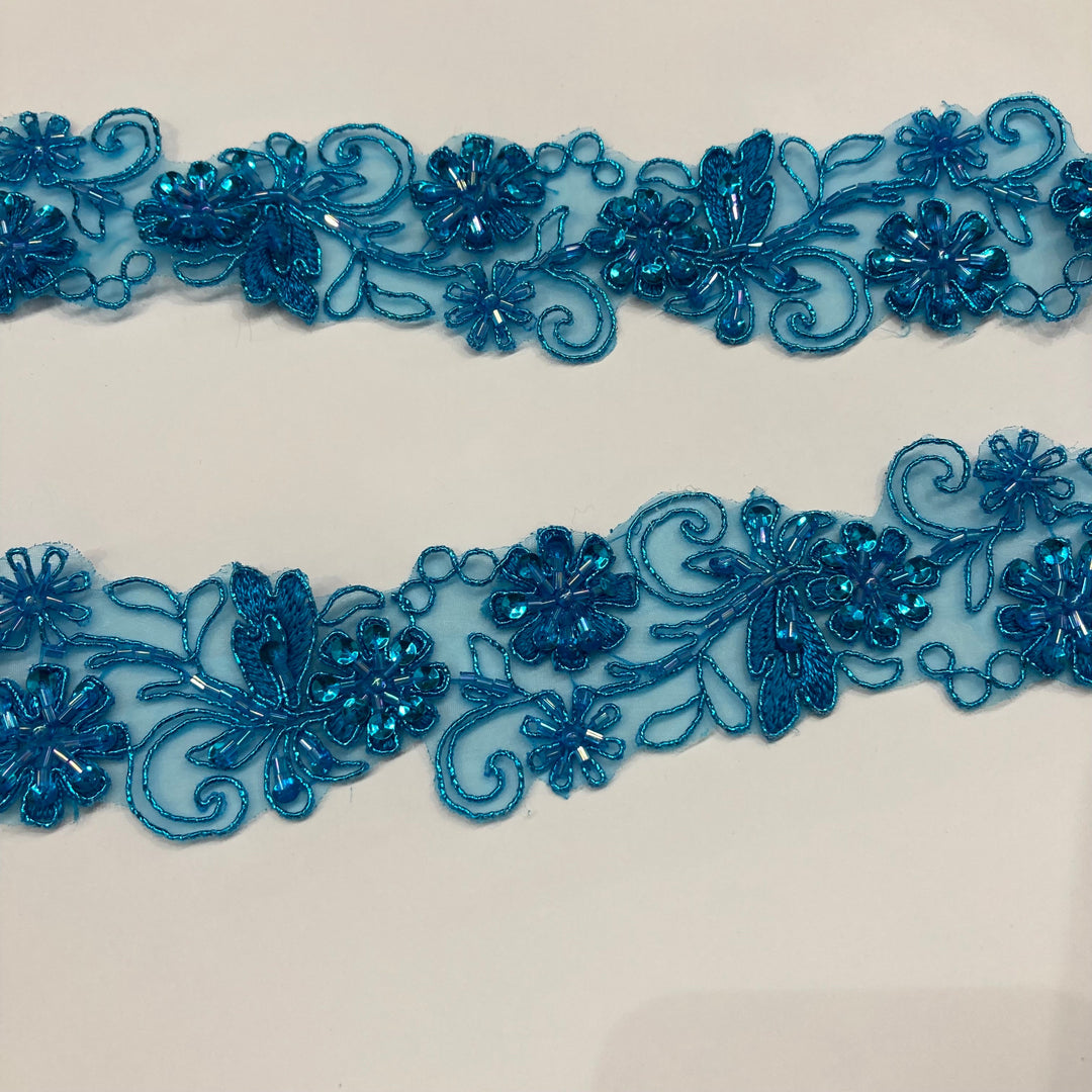 Beaded, Corded & Embroidered Metallic Turquoise Trimming. LaceUSA 96283NBP