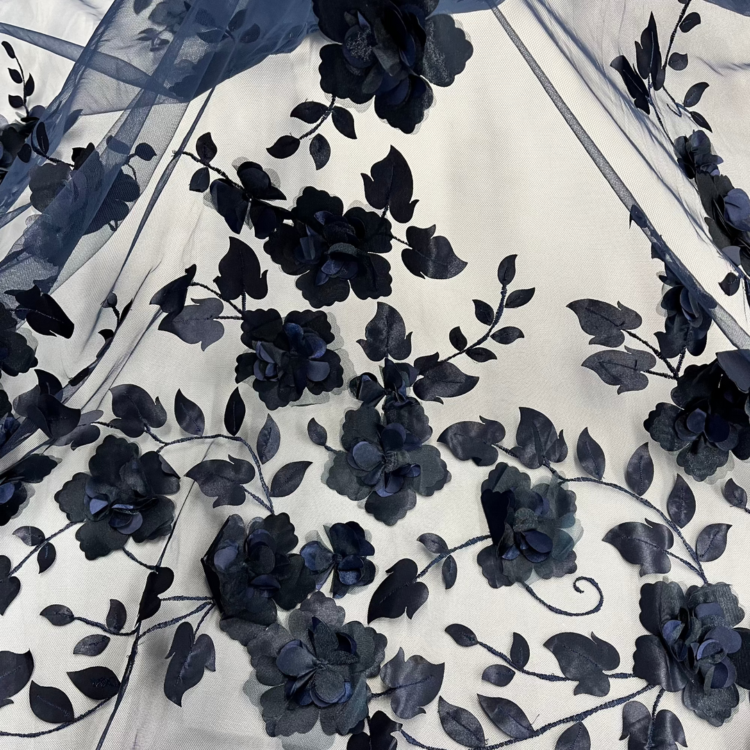 Navy 3D Floral Lace Fabric Embroidered on 100% Polyester Soft Tulle Net Mesh | Lace USA