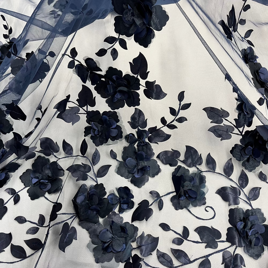 Navy 3D Floral Lace Fabric Embroidered on 100% Polyester Soft Tulle Net Mesh | Lace USA