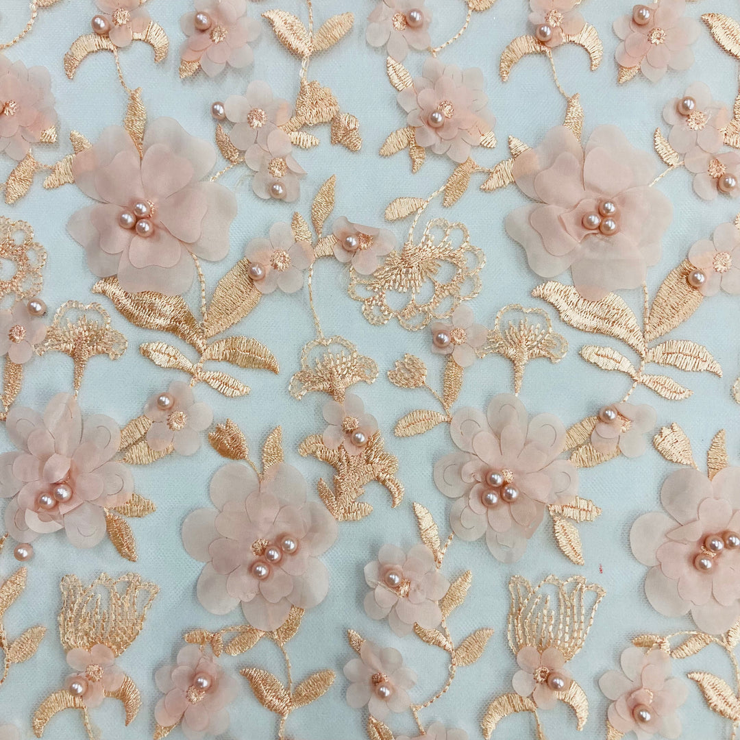 CLoseup of Peach  3D Floral Embroidered & Beaded Net Fabric. Lace USA Gd-241