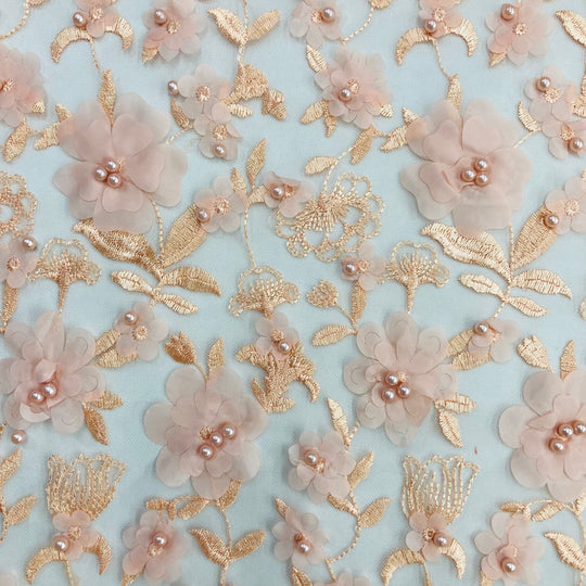 CLoseup of Peach  3D Floral Embroidered & Beaded Net Fabric. Lace USA Gd-241