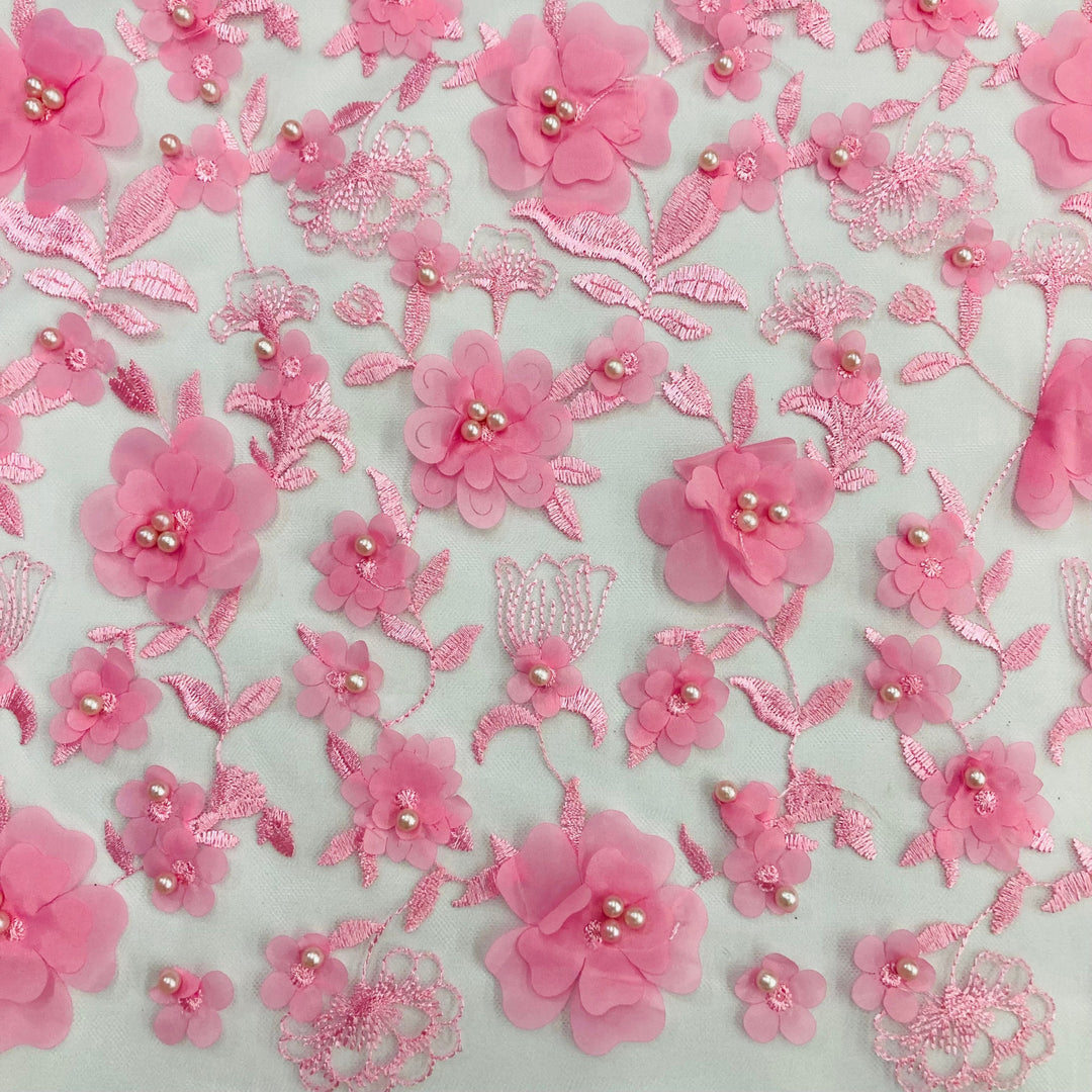Pink 3D Floral Embroidered & Beaded Net Fabric with Beads. Lace USA