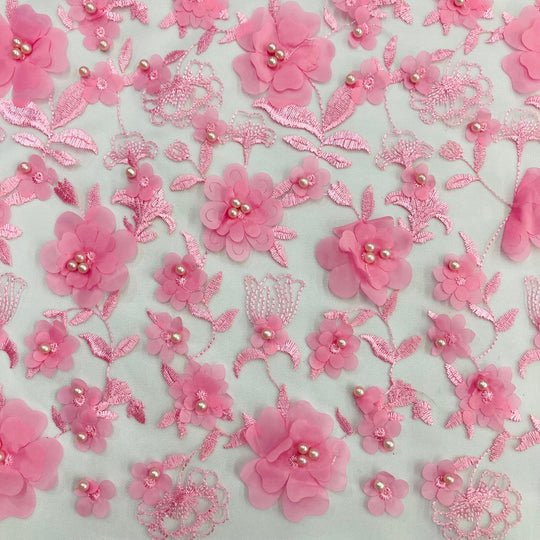 Pink 3D Floral Embroidered & Beaded Net Fabric with Beads. Lace USA
