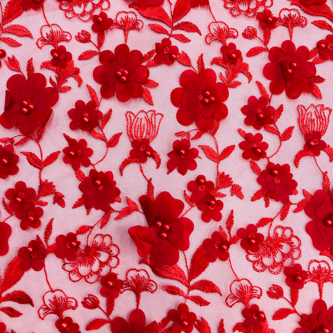 Red Floral Embroidered & Beaded Net Fabric with 3D Satin Flowers. Lace USA GD241