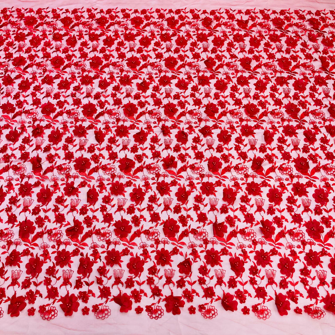  Red 3D Floral Embroidered & Beaded Net Fabric 3D satin flowers. Lace USA GD241