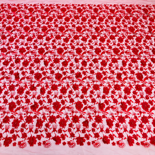  Red 3D Floral Embroidered & Beaded Net Fabric 3D satin flowers. Lace USA GD241