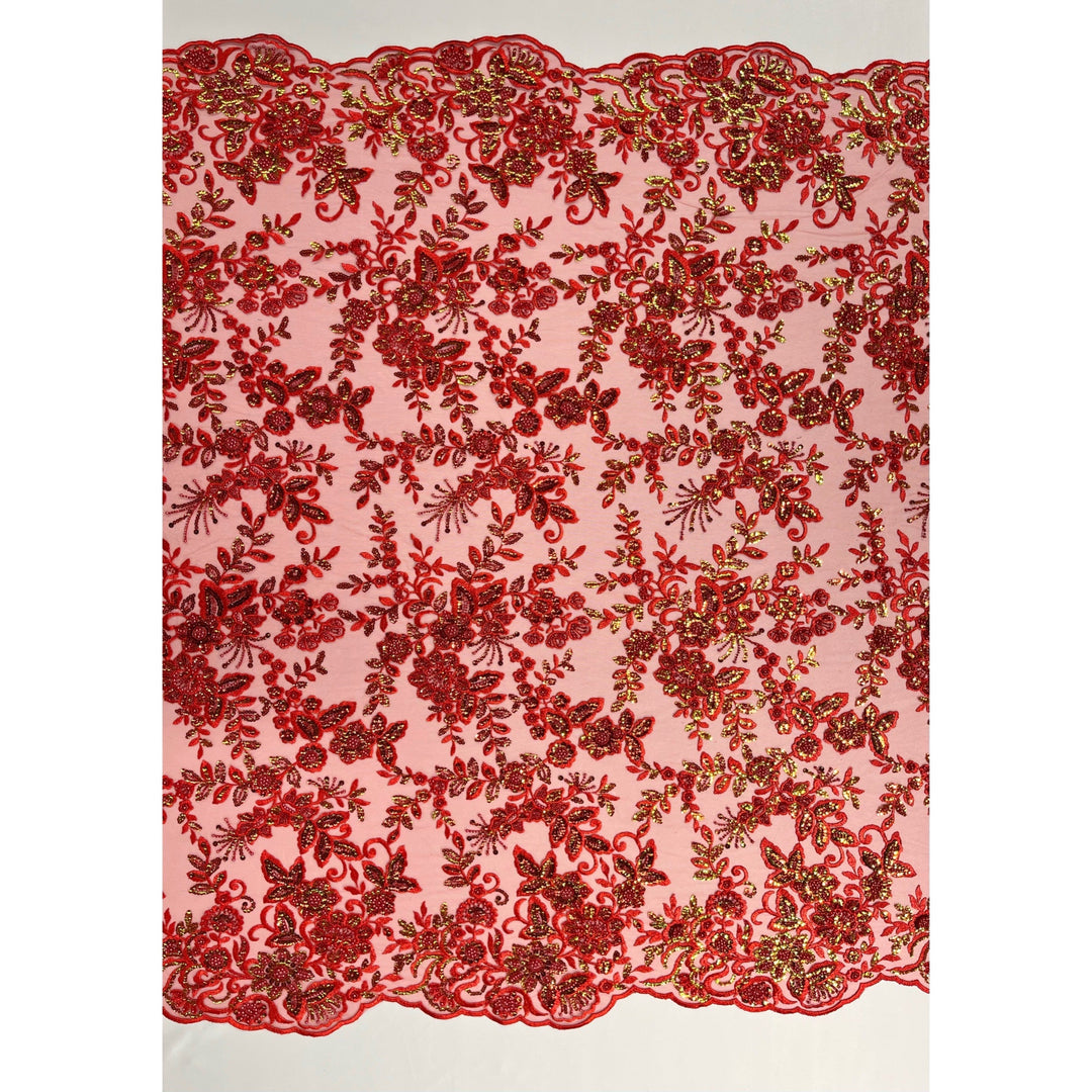 Red  Beaded & Sequined Sparkling Lace Fabric for gowns and dance costumes, Embroidered on 100% Polyester Net Mesh | Lace USA GD-2218