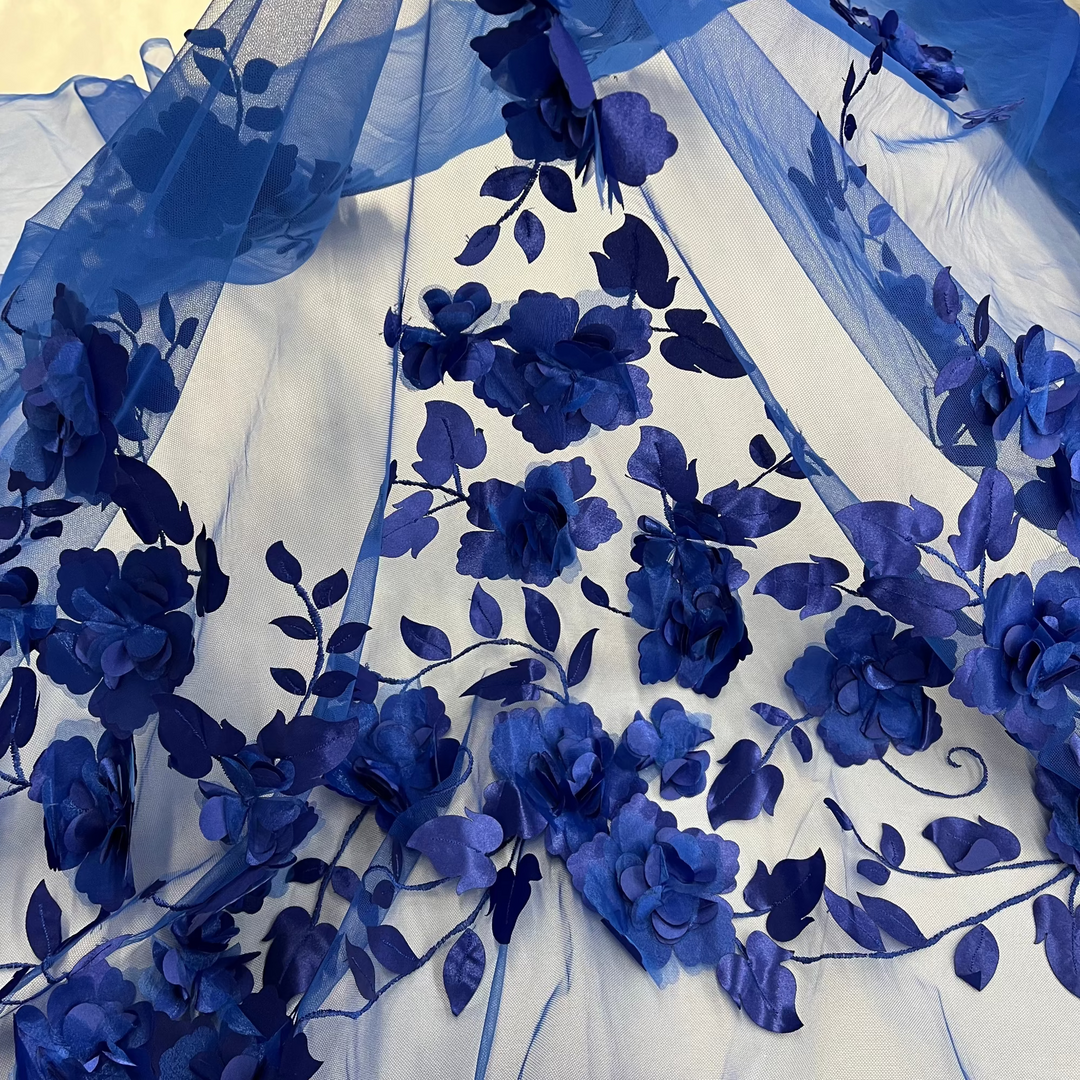 Royal Blue  3D Floral Lace Fabric Embroidered on 100% Polyester Soft tulle Net Mesh | Lace USA