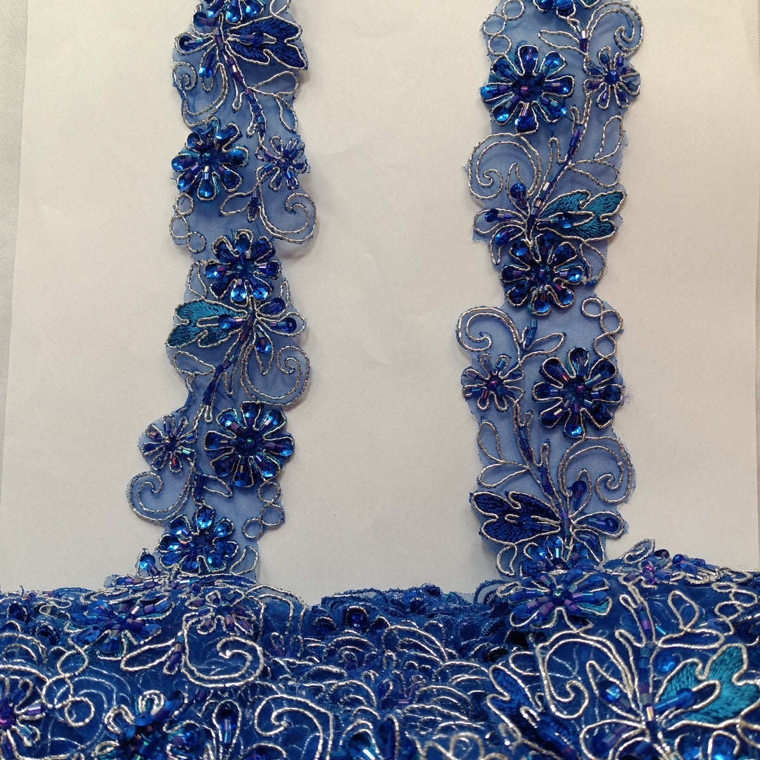 Beaded, Corded & Embroidered on Organza Royal with Silver Trimming Lace USA - 96283NBP