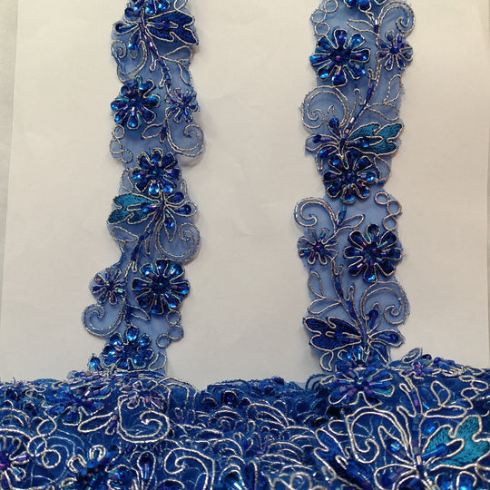 Beaded, Corded & Embroidered on Organza Royal with Silver Trimming Lace USA - 96283NBP