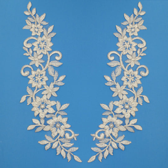 Off White with Silver Floral Applique Embroidered on 100% Polyester Mesh Net. Lace Usa