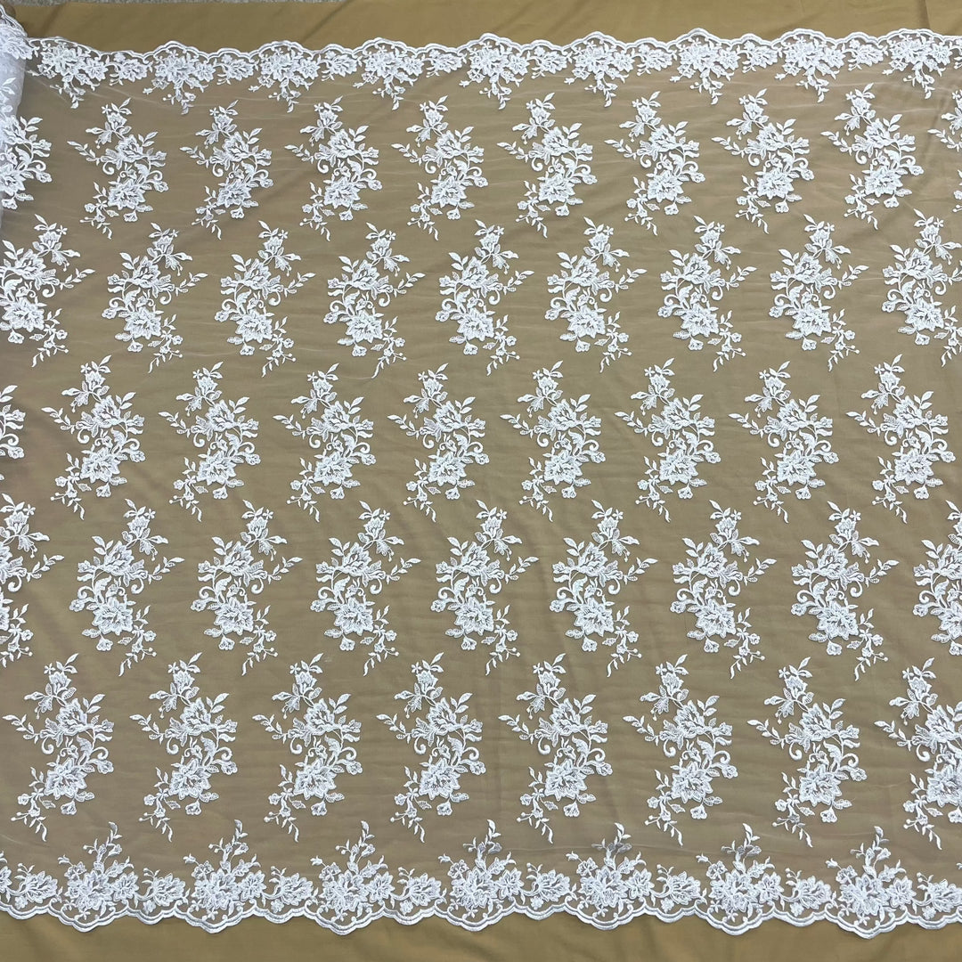 White corded floral lace fabric with scalloped edges for bridal, baptism, and communion dresses| Lace USA - 97154W