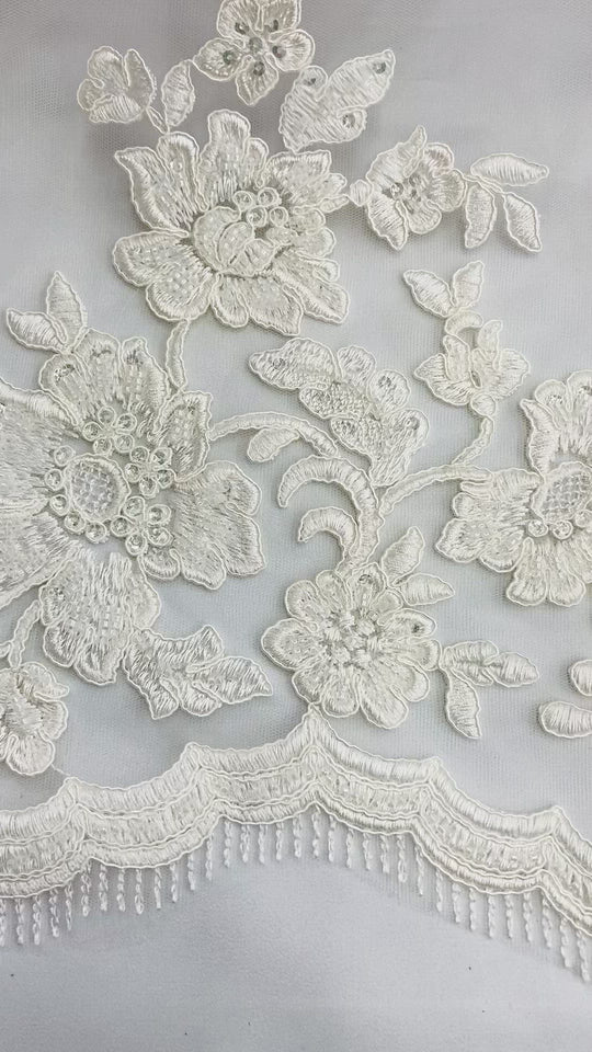 Corded & Beaded Bridal Lace Fabric Embroidered on 100% Polyester Net Mesh. Lace USA