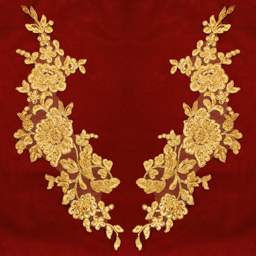 Beaded & Corded Gold Floral Appliqué Lace Embroidered on 100% Polyester Organza or Net Mesh. This can be applied to Theatrical dance ballroom costumes, bridal dresses, bridal headbands endless possibilities.  Sold By Pair.  Lace Usa