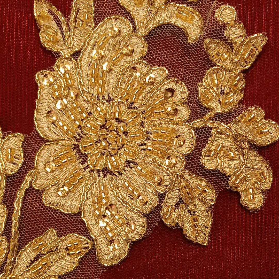 Beaded & Corded Gold Floral Appliqué Lace Embroidered on 100% Polyester Organza or Net Mesh. This can be applied to Theatrical dance ballroom costumes, bridal dresses, bridal headbands endless possibilities.  Sold By Pair.  Lace Usa