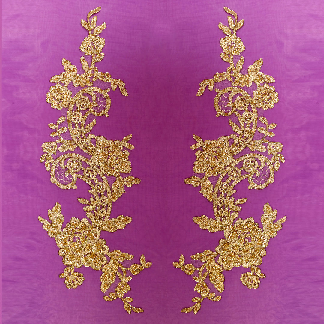 Beaded & Corded Floral Appliqué Lace Embroidered on 100% Polyester Organza or Net Mesh. This can be applied to Theatrical dance ballroom costumes, bridal dresses, bridal headbands endless possibilities.  Sold By Pair  Lace Usa