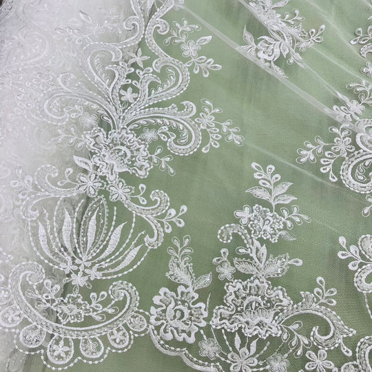 Beaded Lace Fabric Embroidered on 100% Polyester Net Mesh | Lace USA - GD-12186 Ivory