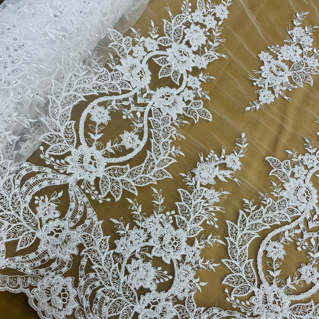 Beaded & Corded Bridal Lace Fabric Embroidered on 100% Polyester Net Mesh | Lace USA - GD-55619