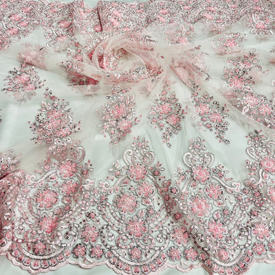 Beaded Corded Lace Fabric With Scallops Embroidered on 100% Poly Metallic | Lace USA