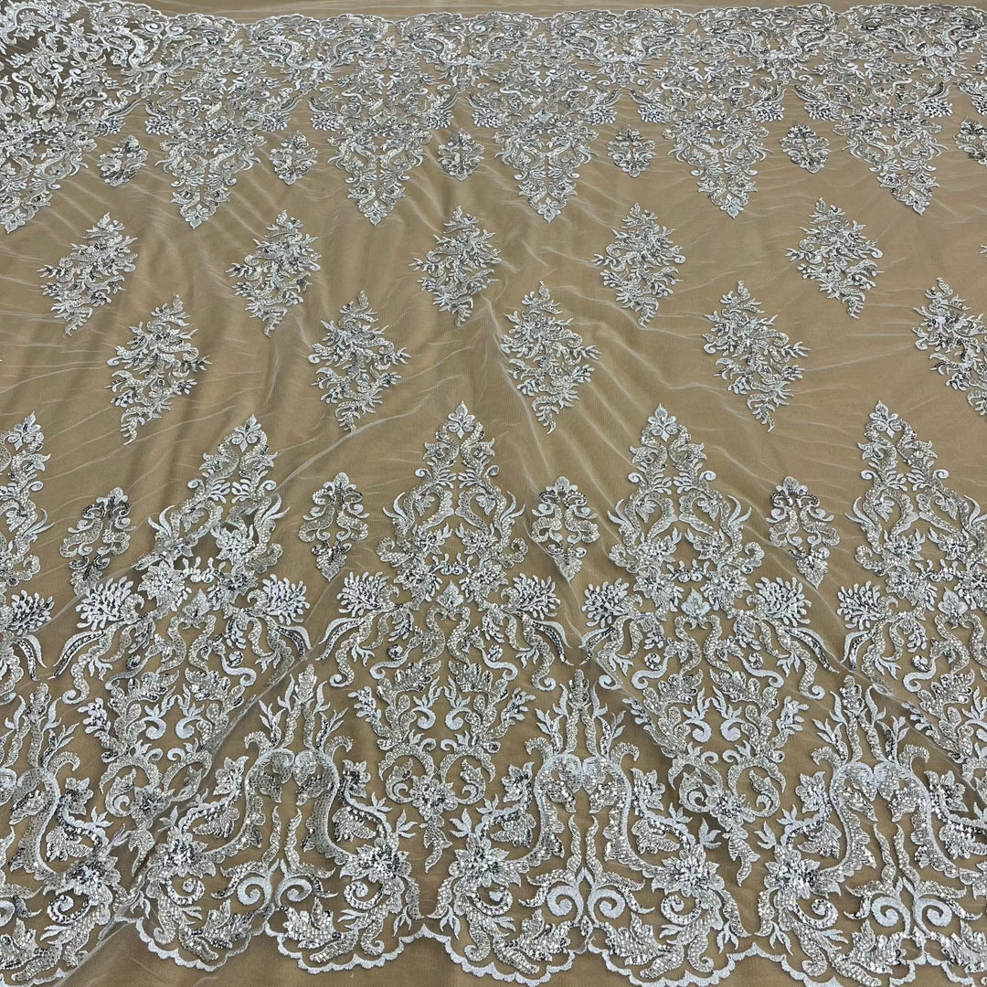 Beaded & Sequined Lace Fabric Embroidered on 100% Polyester Net Mesh | Lace USA - GD-13314 Silver