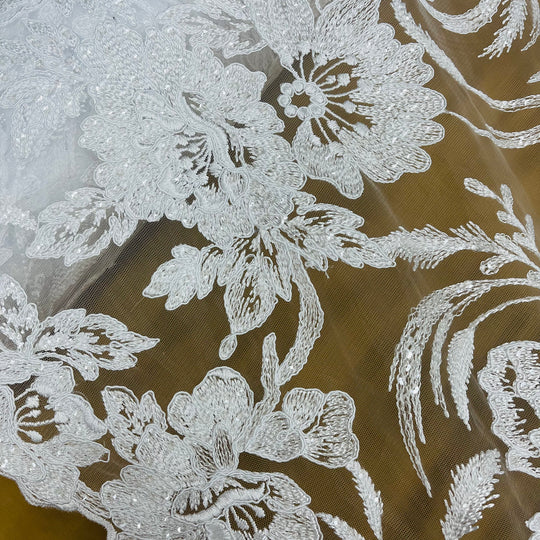 Beaded & Corded Bridal Lace Fabric Embroidered on 100% Polyester Net Mesh | Lace USA