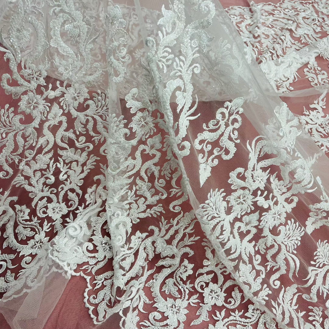 Beaded & Sequined Lace Fabric Embroidered on 100% Polyester Net Mesh | Lace USA - GD-13314 White