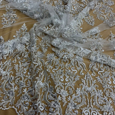 Beaded & Sequined Lace Fabric Embroidered on 100% Polyester Net Mesh | Lace USA - GD-13314 Silver