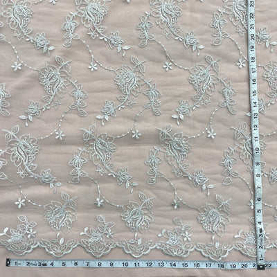 Beaded & Corded Bridal Lace Fabric Embroidered on 100% Polyester Net Mesh | Lace USA