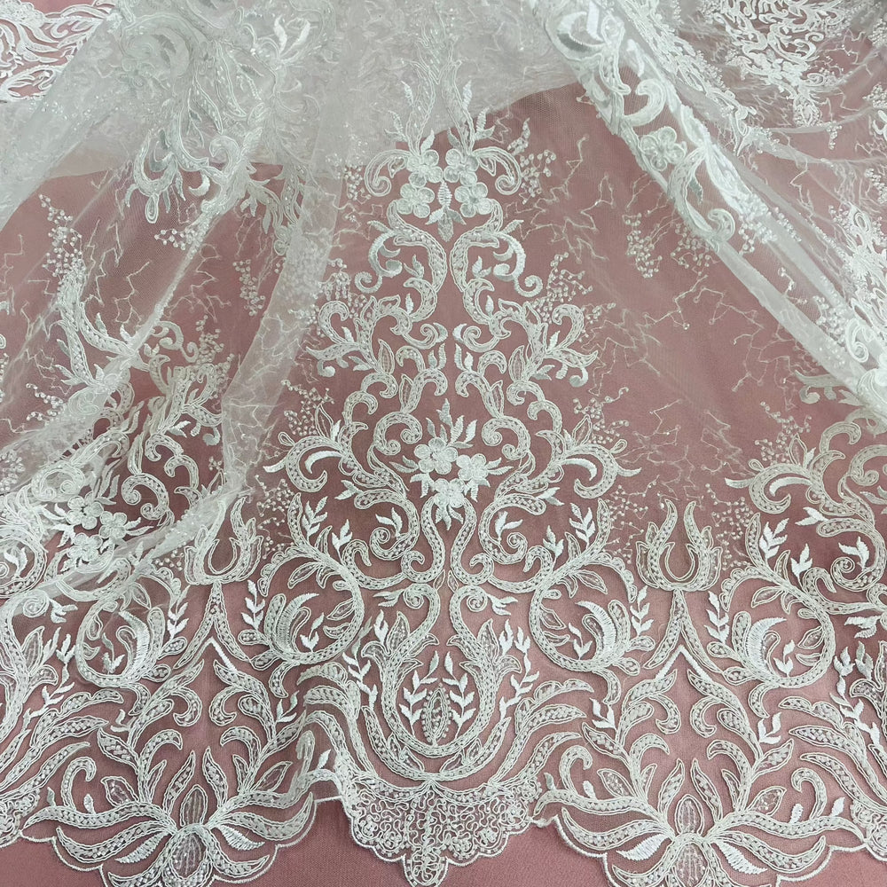 Beaded & Corded Bridal Lace Fabric Embroidered on 100% Polyester Net Mesh | Lace USA - GD-12266 Ivory