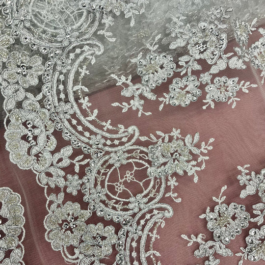 Beaded & Corded Bridal Lace Fabric Embroidered on 100% Polyester Net Mesh | Lace USA