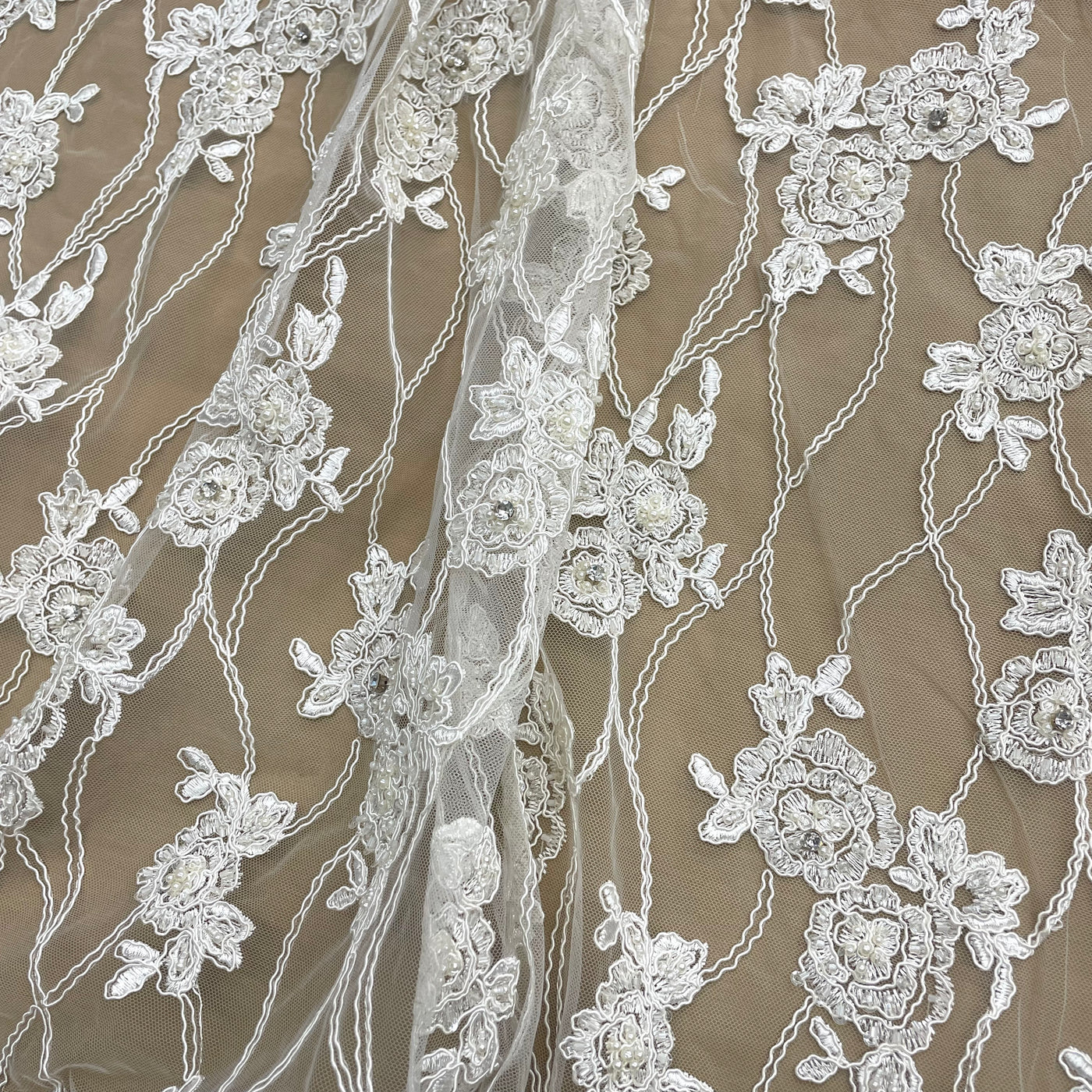 Beaded & Corded Bridal Fabric Lace Embroidered on 100% Polyester Net Mesh | Lace USA