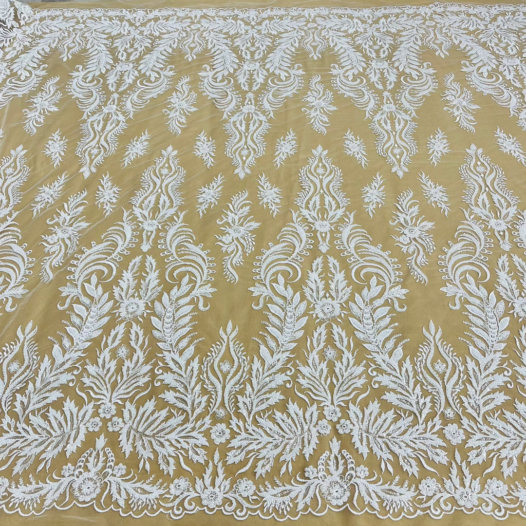 Beaded & Sequined Lace Fabric Embroidered on 100% Polyester Net Mesh | Lace USA - GD-13322 White
