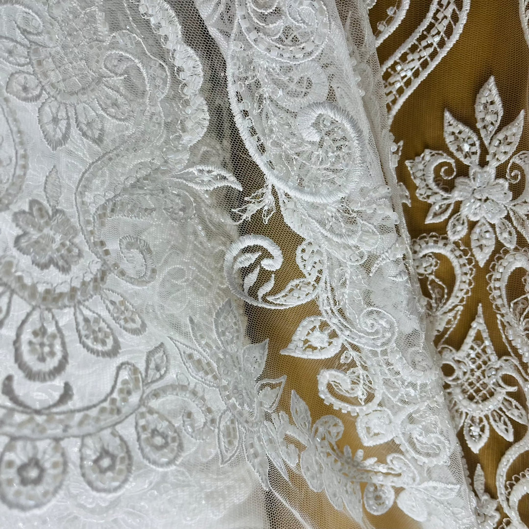 Beaded & Sequined Lace Fabric Embroidered on 100% Polyester Net Mesh | Lace USA - GD-12156 White