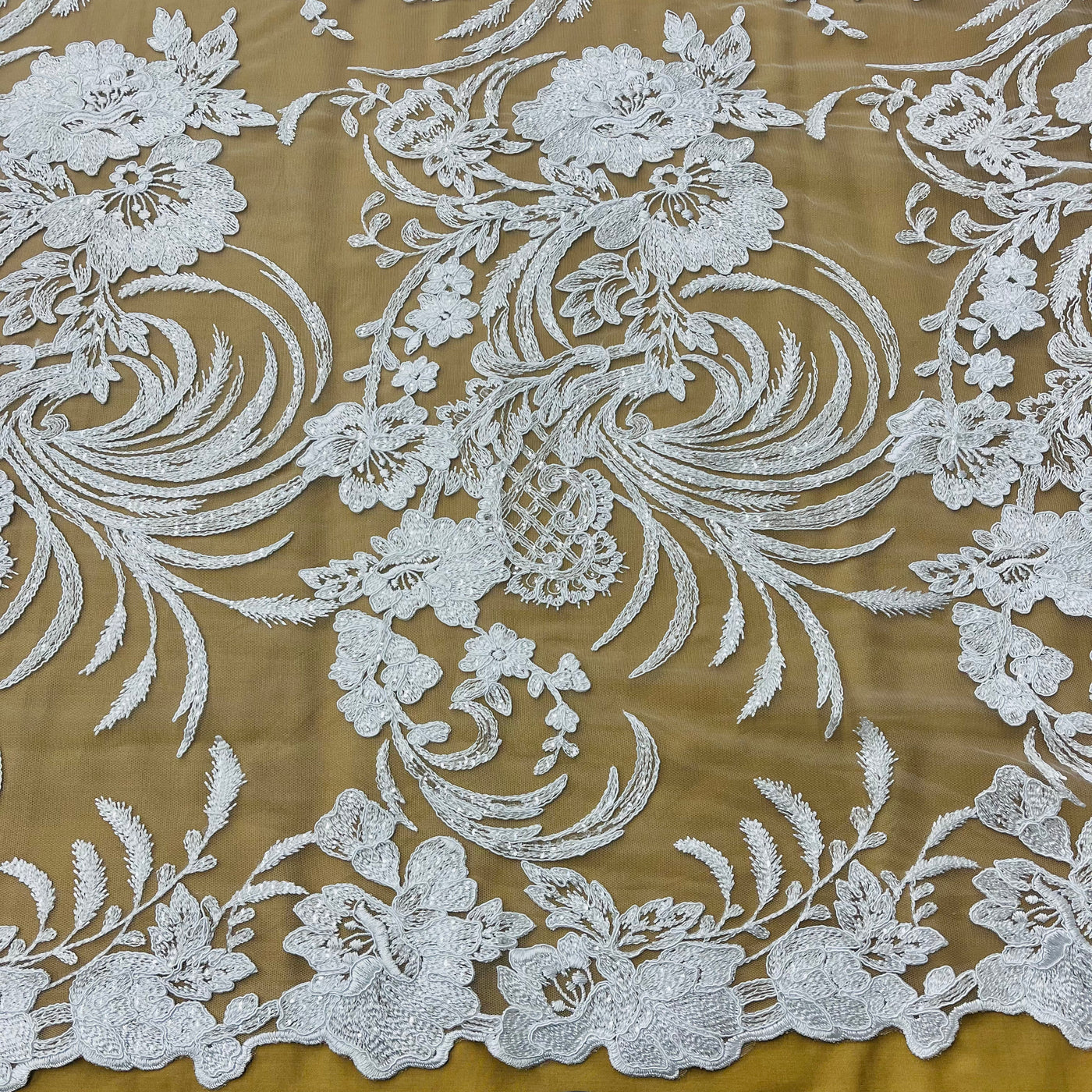 Beaded & Corded Bridal Lace Fabric Embroidered on 100% Polyester Net Mesh | Lace USA