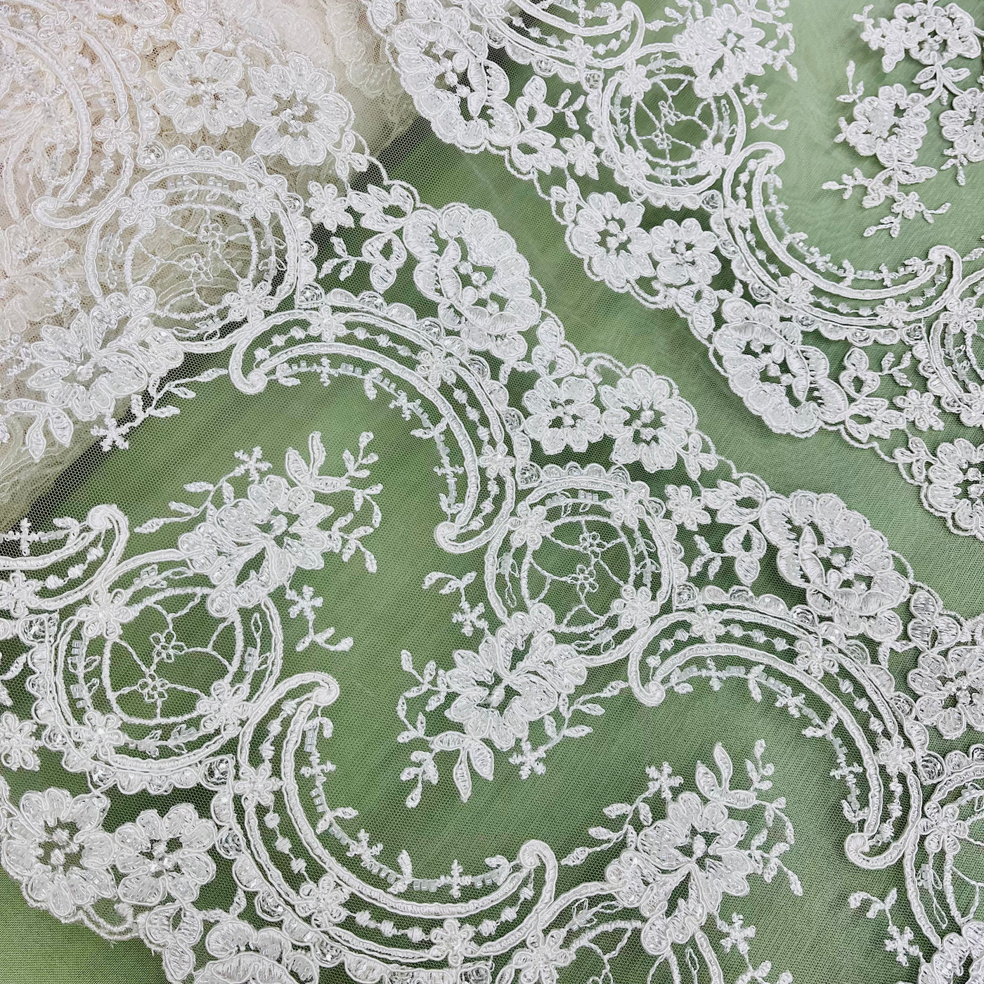 Beaded & Corded Bridal Lace Fabric Embroidered on 100% Polyester Net Mesh | Lace USA