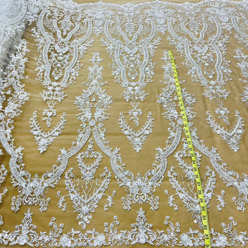 Beaded Lace Fabric Embroidered on 100% Polyester Net Mesh | Lace USA - GD-227239 White