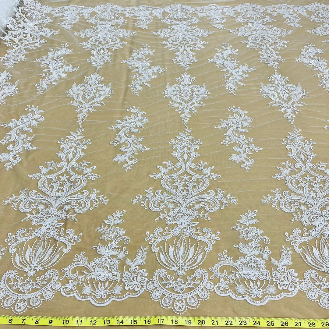 Beaded Lace Fabric Embroidered on 100% Polyester Net Mesh | Lace USA - GD-12186 White