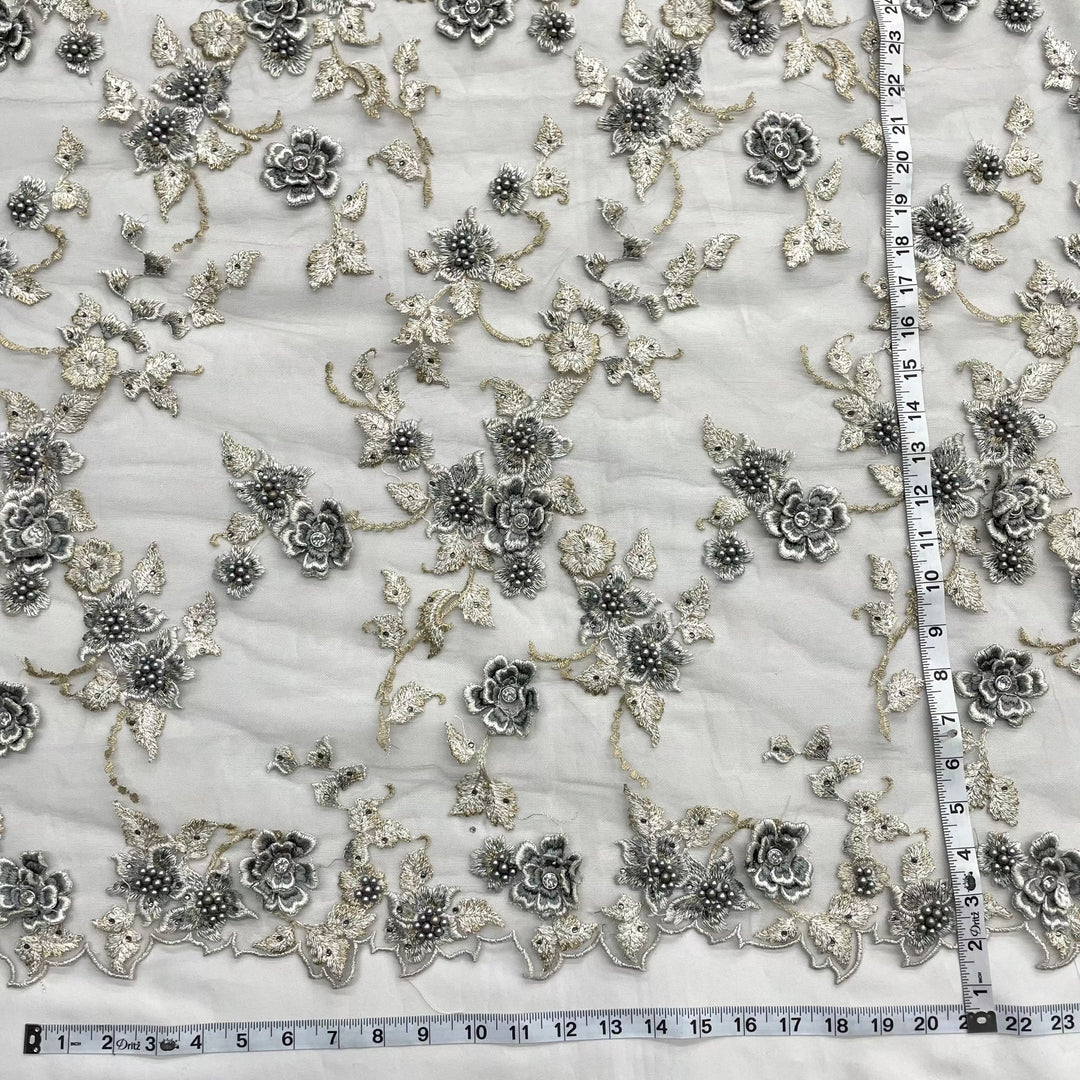 Beaded 3D Floral Lace Fabric Embroidered on 100% Polyester Net Mesh | Lace USA