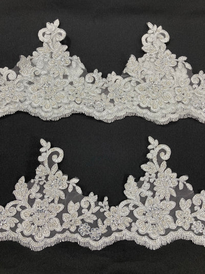 Corded & Beaded Floral Lace Trimming Embroidered on 100% Polyester Net Mesh. Lace Usa