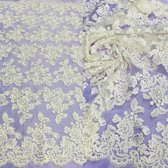 Corded & Beaded Bridal Lace Fabric Embroidered on Net Mesh. Lace USA